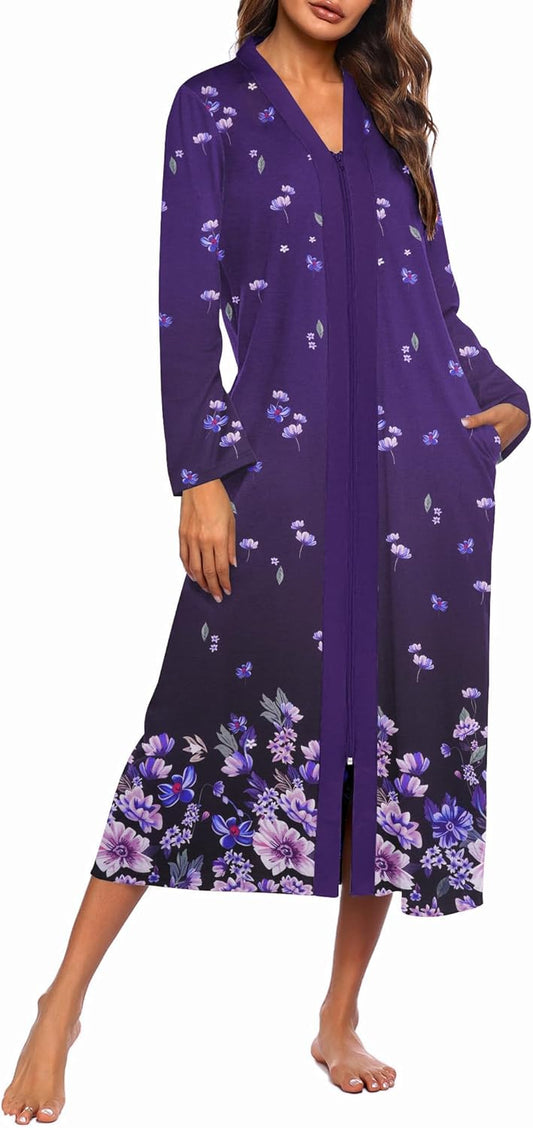 Ekouaer Women Zipper Robe Long Sleeve Loungewear Lightweight Housecoat Full Length Nightgown with Pockets