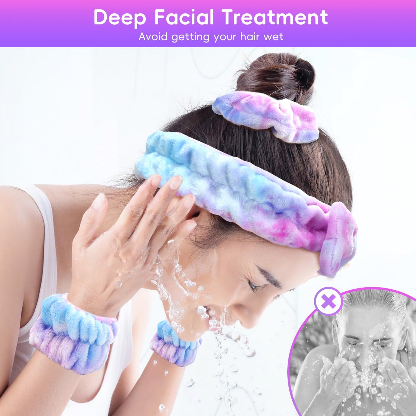 Facial Cleansing Brush, Headband for Washing Face with Silicone Double Side Manual Face Scrubber Brush, Skincare Headband and Wristband Set, 2 Hair Scrunchie, for Makeup Rainbow
