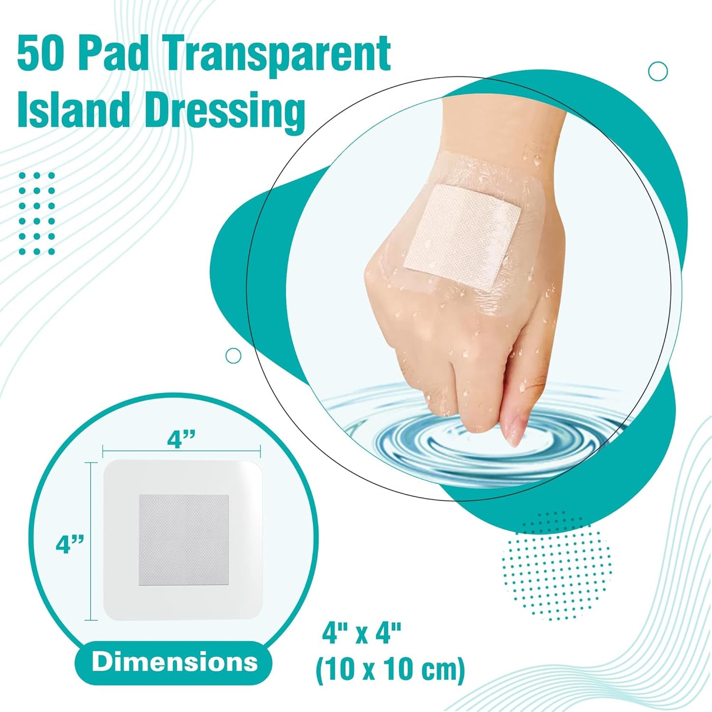 General Medi Waterproof Transparent Adhesive Island Dressing (50 Count, 4" x 4"), Wound Care Pad with Adhesive Border - Sterile, Soft & Highly Absorbent Medical Grade Dressing Pad