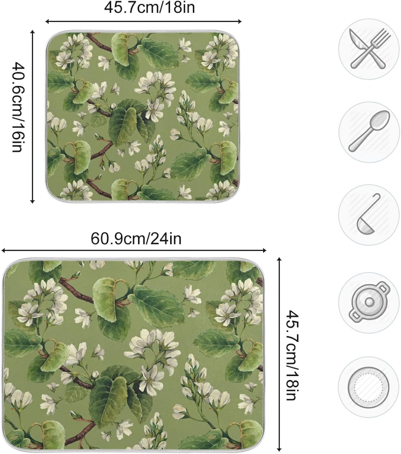 Dish Drying Mat for Kitchen Counter 18 x 16 Inch Vintage White Floral Green Leaves Microfiber Dish Mat Drying Pad Absorbent Dishes Pad Dish Drainer Rack Mats