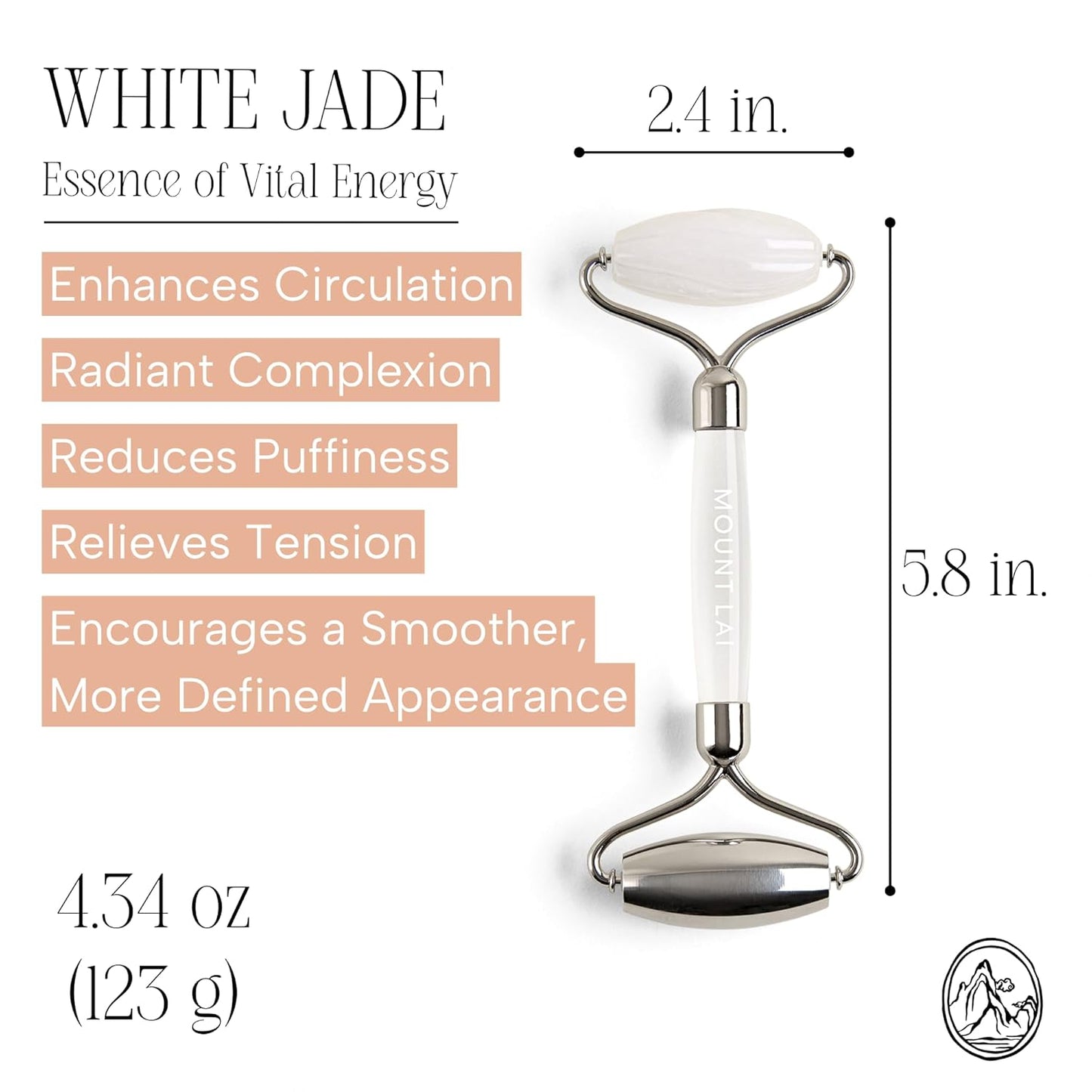 Mount Lai The Vitality Qi White Jade & Stainless Steel – The Stone of Harmony and Clarity, Face Roller for Soothing, Refreshing & Radiant-Looking Skin, Facial Massager Tool for Self-Care Ritual