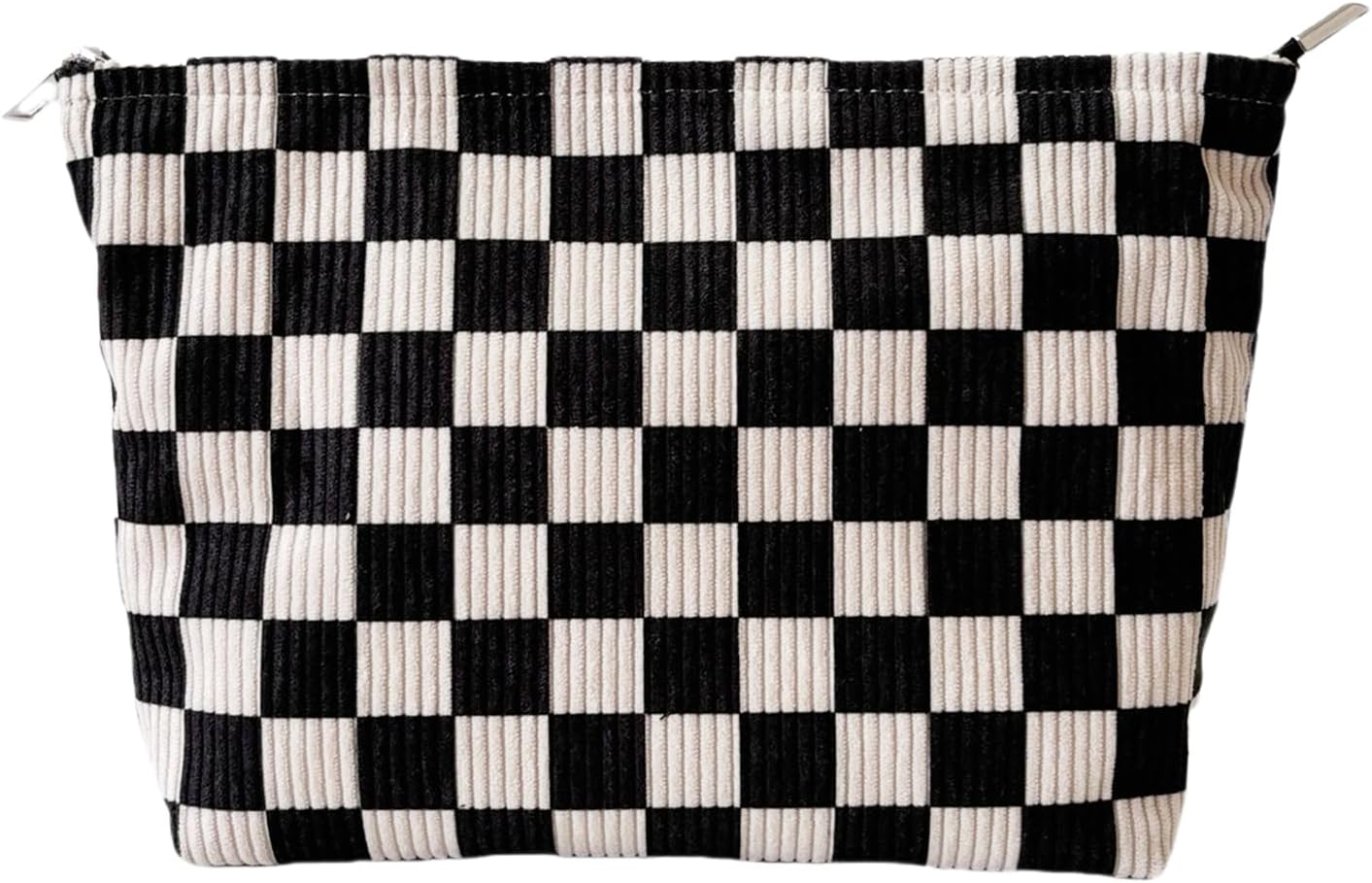 Checkered Corduroy Makeup Bag for Women, Black and White Gingham Cosmetic Bag with Zipper, Corduroy Travel Toiletry Bag, Sunscreen Sunblock Spf Bag, Hygiene Medicine Pouch,Organizer for Purse