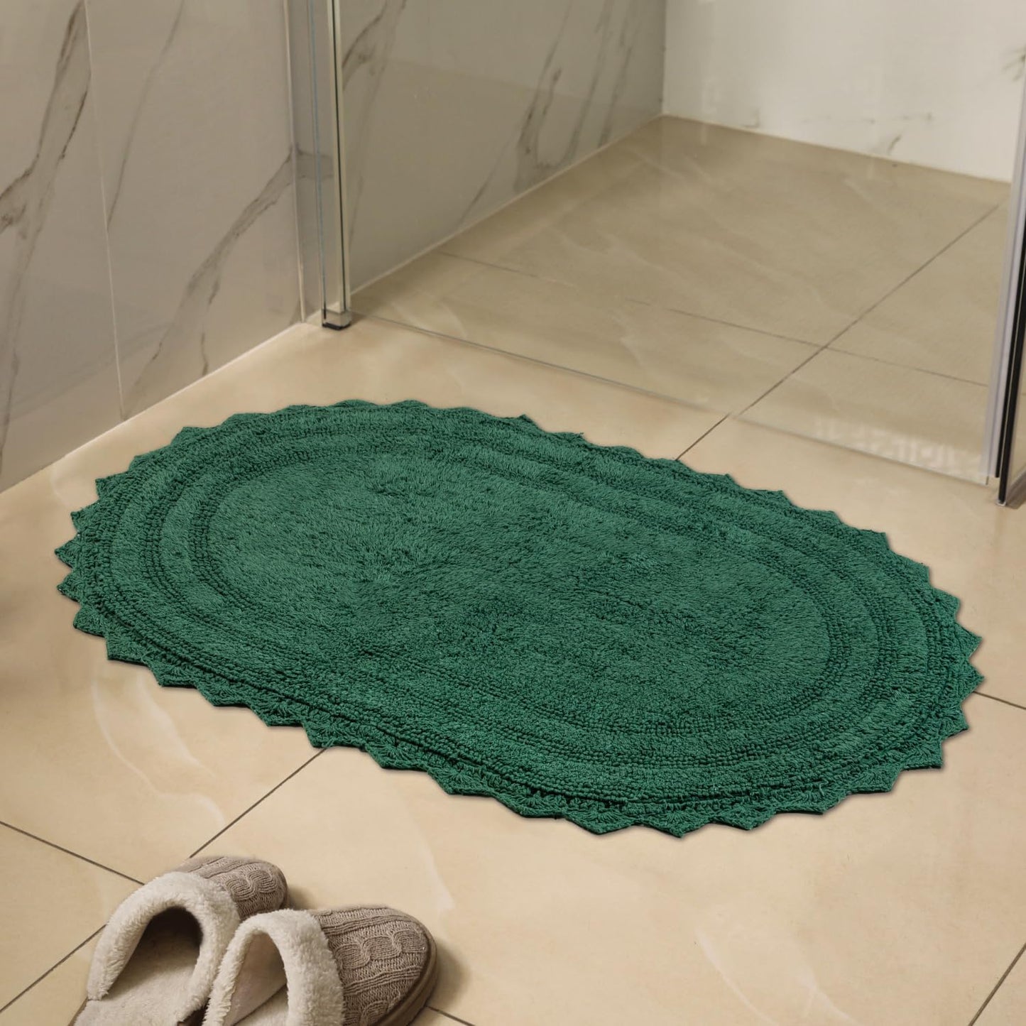 RAJRANG Foliage Green Cotton Bath Rug | Oval 24x17 Inches with Crochet Trim | Soft Reversible Bathroom Mat for Modern, Rustic, or Boho Interiors