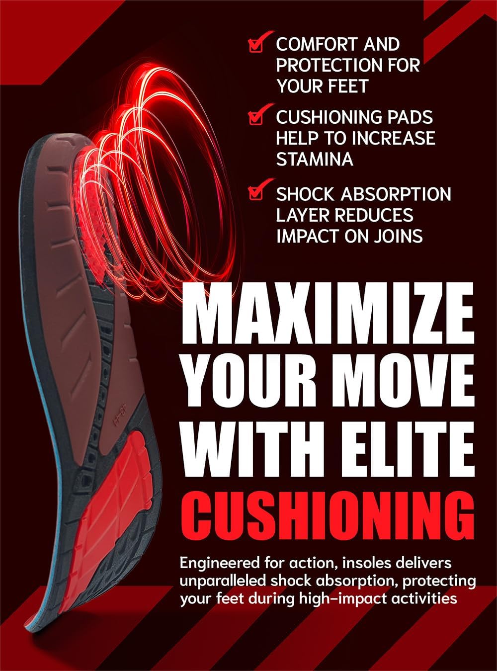 Flex Fit Sport Insoles - Medium Arch Support Inserts - Running Insoles for Sneackers - Shoe Inserts for Men and Women (Red, XL)