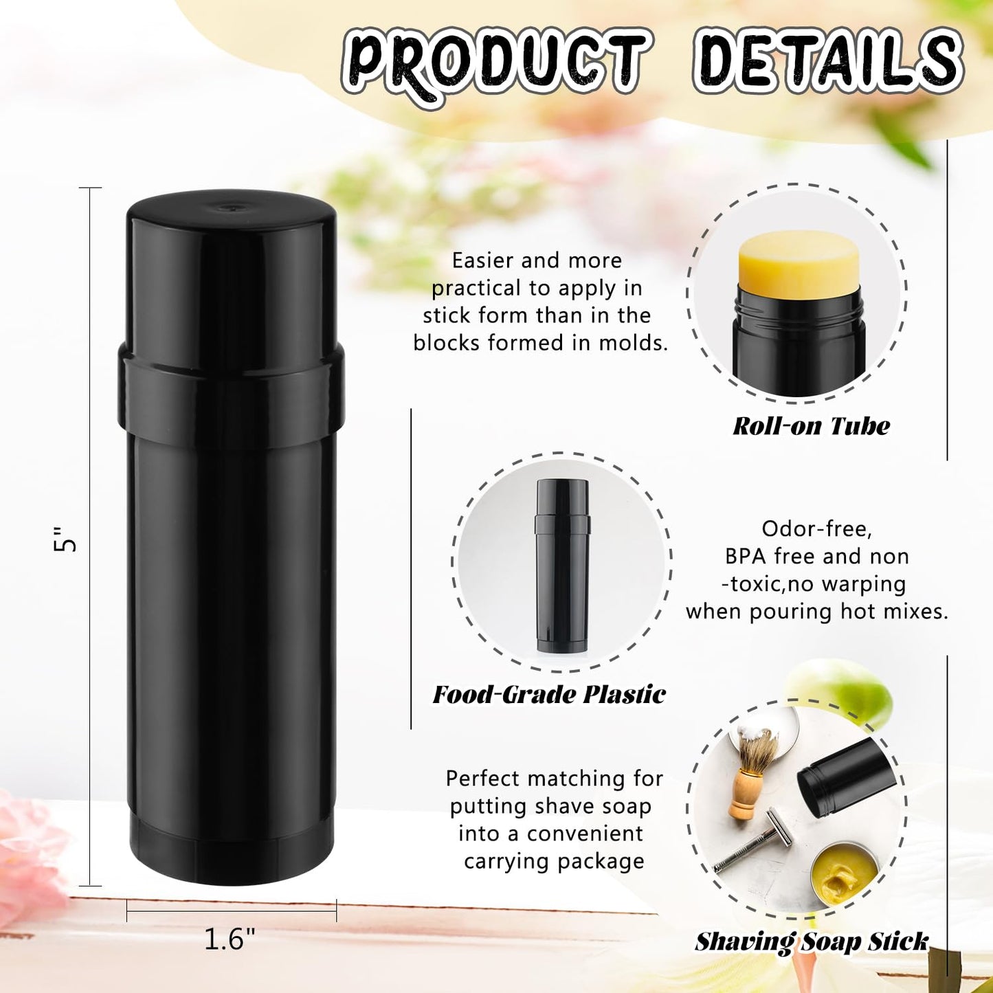 15 Pack 2 oz/60ml Plastic Deodorant Containers,Empty Round Twist-Up Solid Stick Tube Container for Homemade Deodorant,Shaving Soap Stick,Heel Lip Balm,Solid Lotion Bars-Top Filling,Black