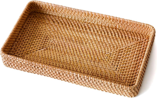Wicker Storage Basket, Rattan Tray Rectangular for Bathroom Living Room, Decorative Serving Woven Trays Wicker Baskets for Organizing, Woven Seagrass Tray for Storage Home Decor L(14.6" × 9.1")