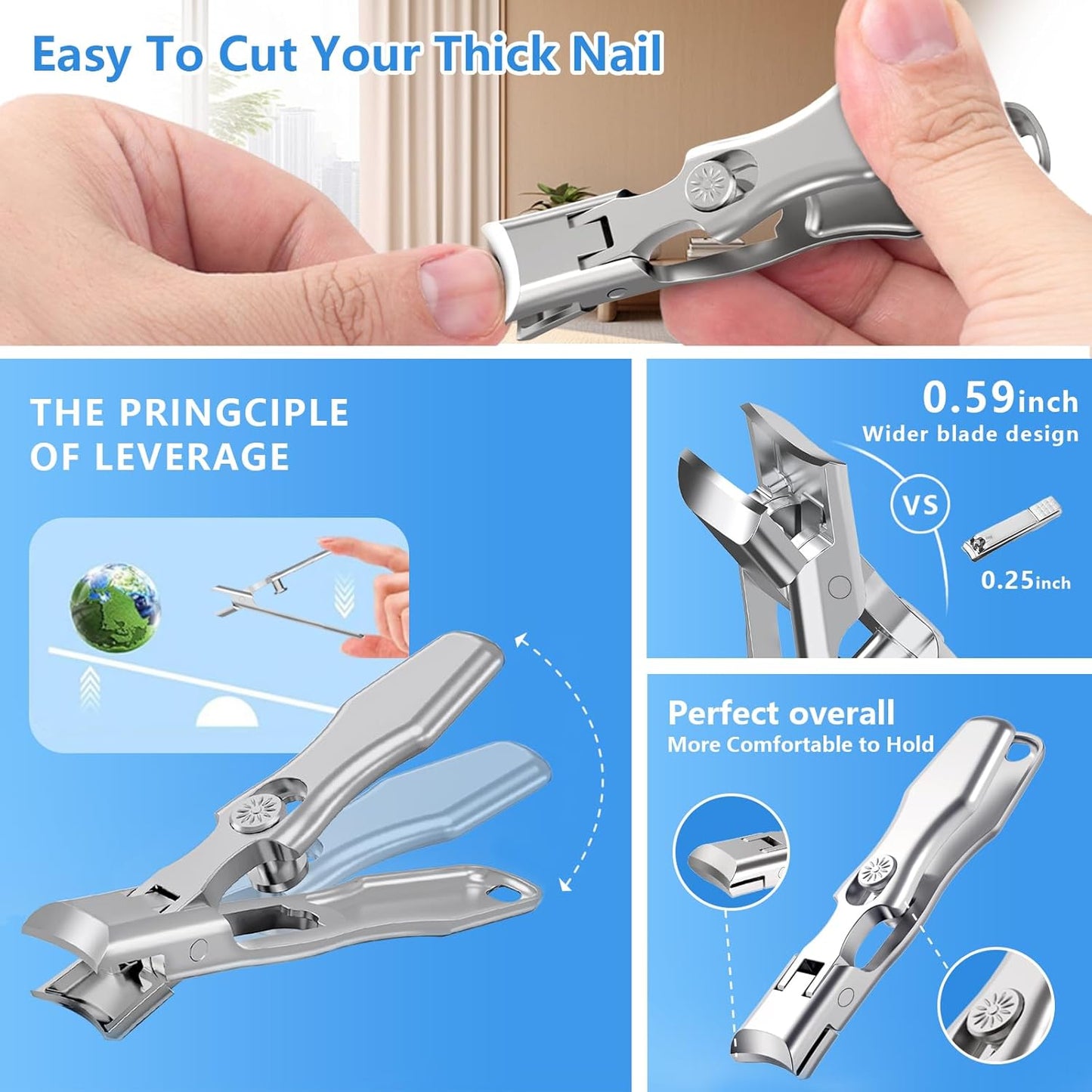 Nail Clippers for Men Thick Nails,INXEN Wide Jaw Opening No Splash Fingernail Clipper with Catcher,German Toe Nail Clippers for Thick Nails for Seniors, Stainless Steel Nail Cutter for Adult