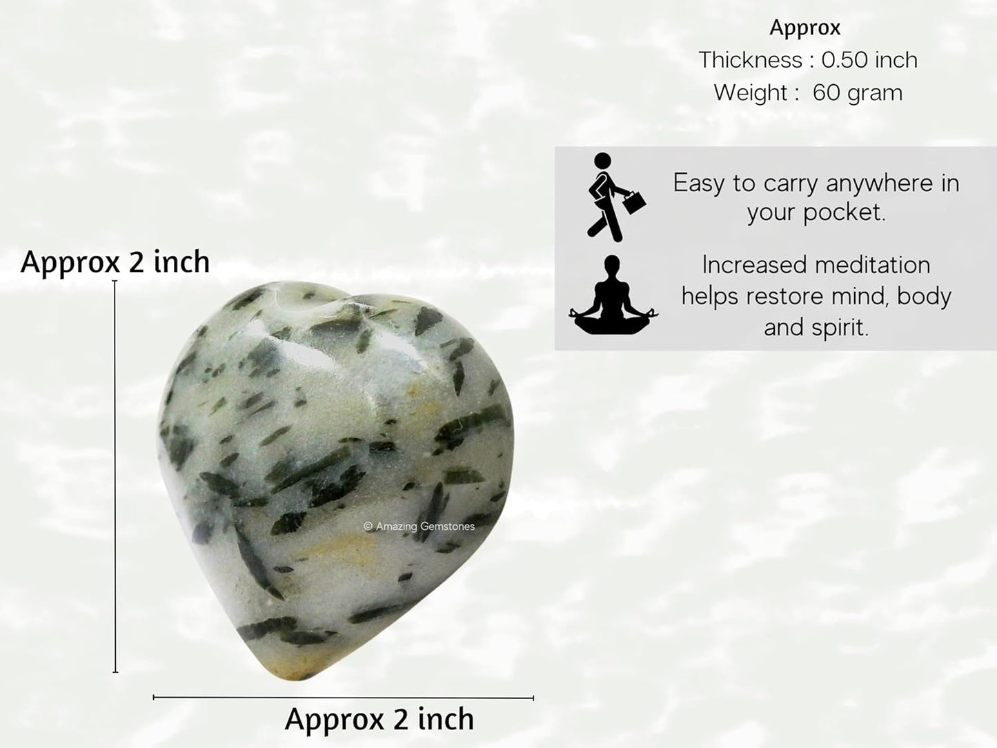 Amazing Gemstone Green Tourmaline in Quartz Crystal Heart Palm Stone - Pocket Massage Worry Stone for Natural Body Chakra Balancing, Reiki Healing and Crystal Grid