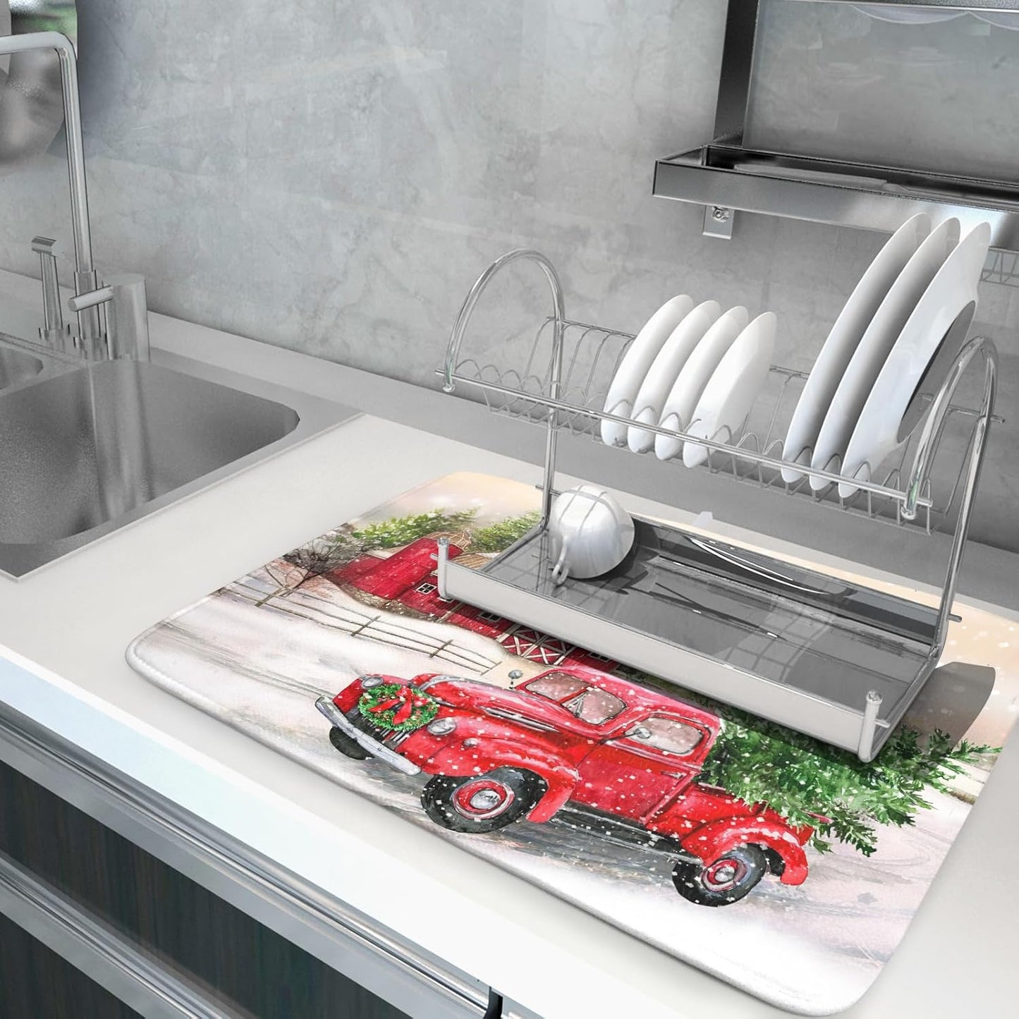 Red Truck Dish Drying Mat Xmas Tree Dish Drainer Rack Mat Winter Microfiber Absorbent Drying Pad for Home Kitchen Counter Decor 18x24 Inch