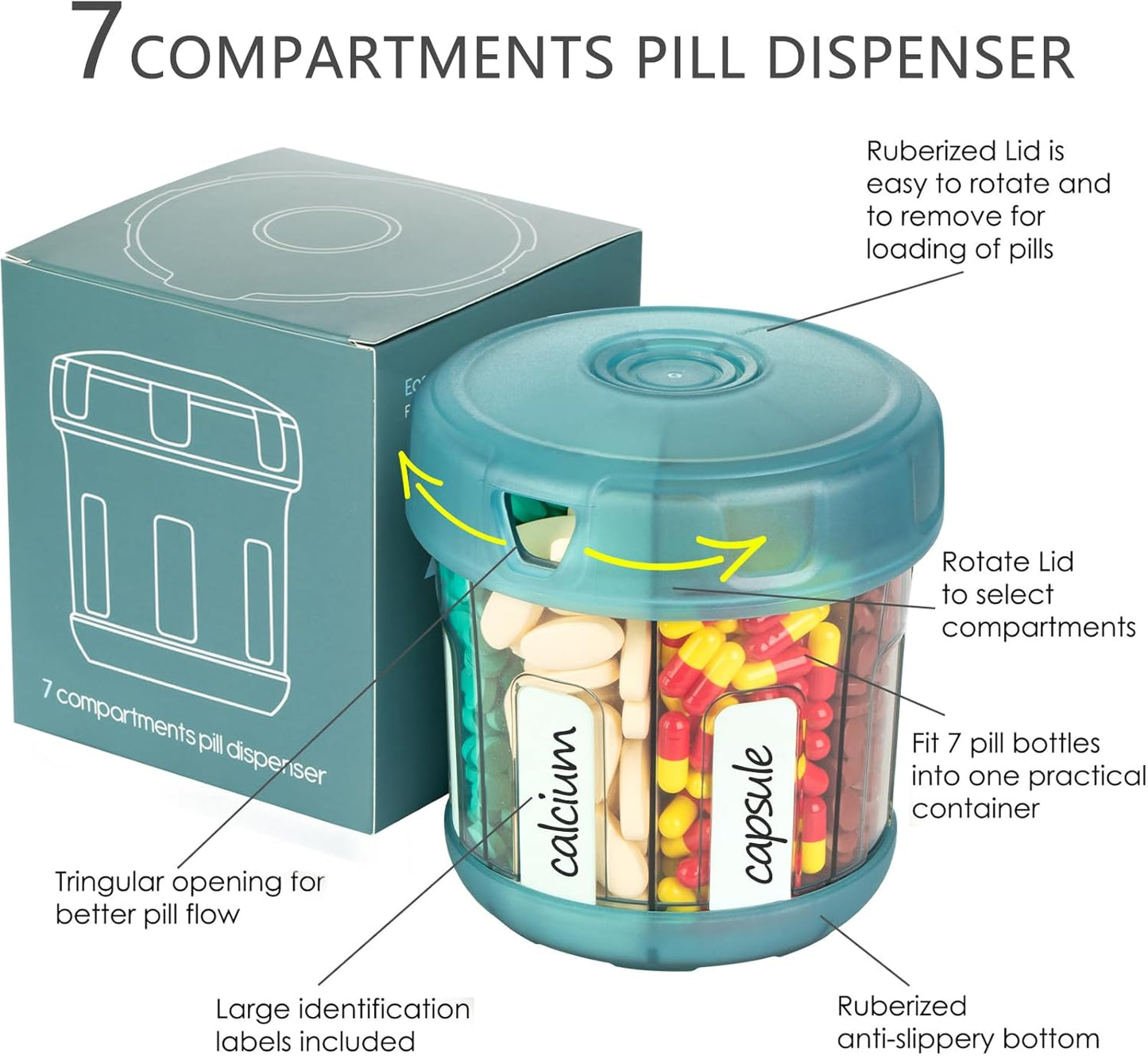 Extra Large Supplement Organizer with XL 7 Large Compartments, TPU Soft Lid Easy to Load and to Use Pill Dispenser, 1 Month Jumbo Vitamin Holder Medicine Storage