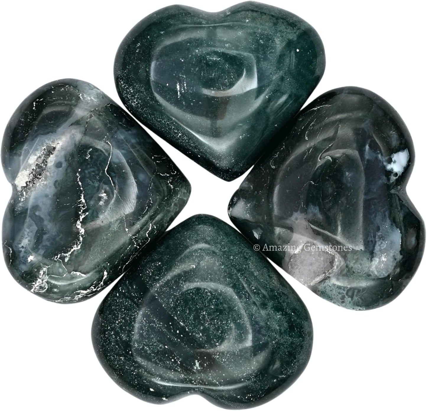 Moss Agate Crystal Heart Palm Stone - Pocket Massage Worry Stone for Natural Body Chakra Balancing, Reiki Healing and Crystal Grid