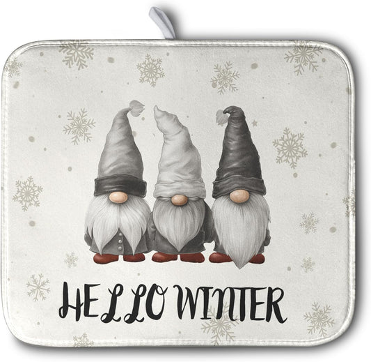 Winter Gnome Dish Drying Mat for Kitchen Counter 16x18 Christmas Snowflakes Santa Kitchen Drying Mat Hello Winter Dish Drainer Mat Super Absorbent Dish Rack Mat for Coffee Bar Countertop