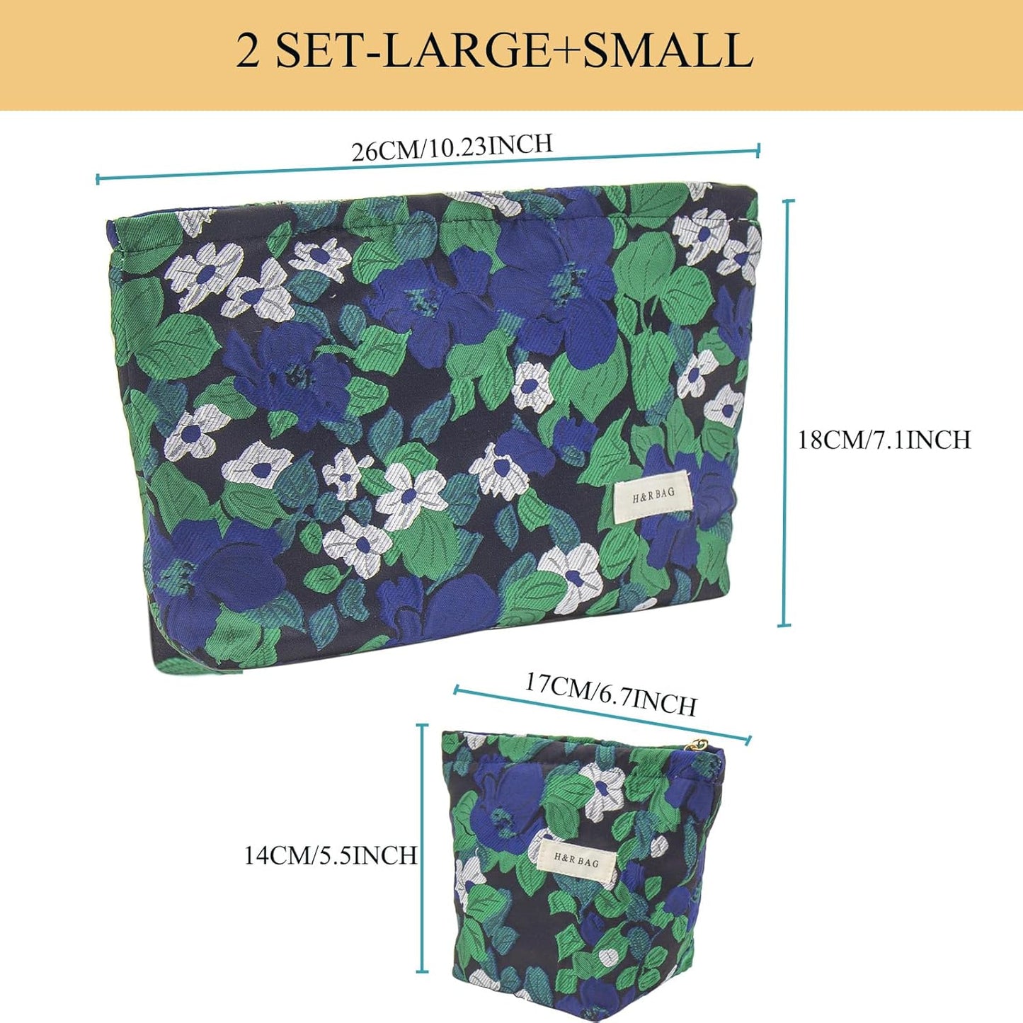 2 Pcs Makeup Bags, Large Cosmetic Bag Travel Toiletry Bag Organizer for Women, Embroidery Craft, Floral Makeup Bag Small Cosmetic Pouch Purse with Zipper Gifts for Girls Teen