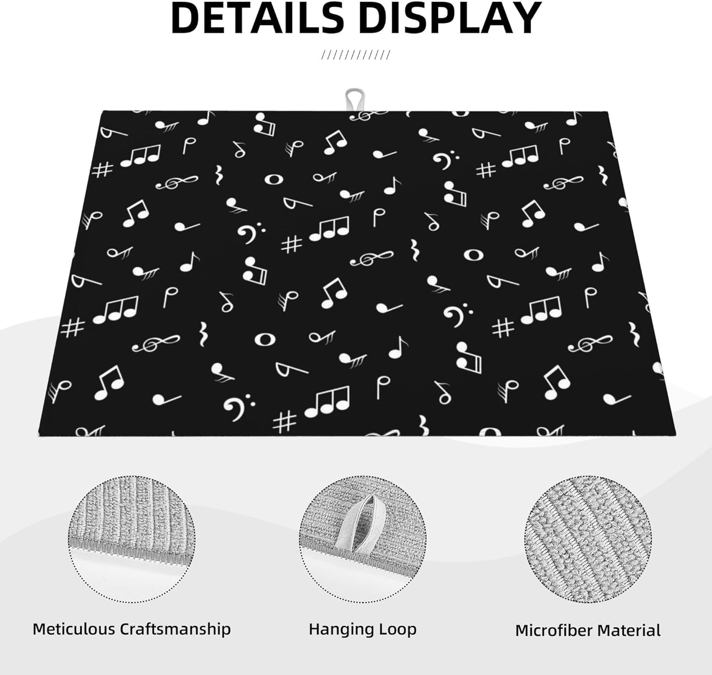 Musicial Kitchen Drying Mat Music Notes Microfiber Dish Drainer Mat for Kitchen Counter Absorbent Reusable Washable 18x24 Inch Black