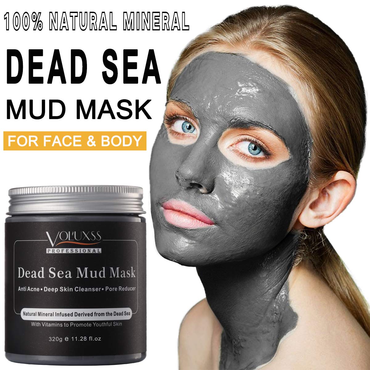 Dead Sea Mud Mask for Face and Body,Deep Cleansing Face Mask for Acne,Pore Minimizer,Natural Skincare Charcoal Blackheads Remover,Skincare Spa Clay Facial Mask for Women & Men 11.28fl.oz