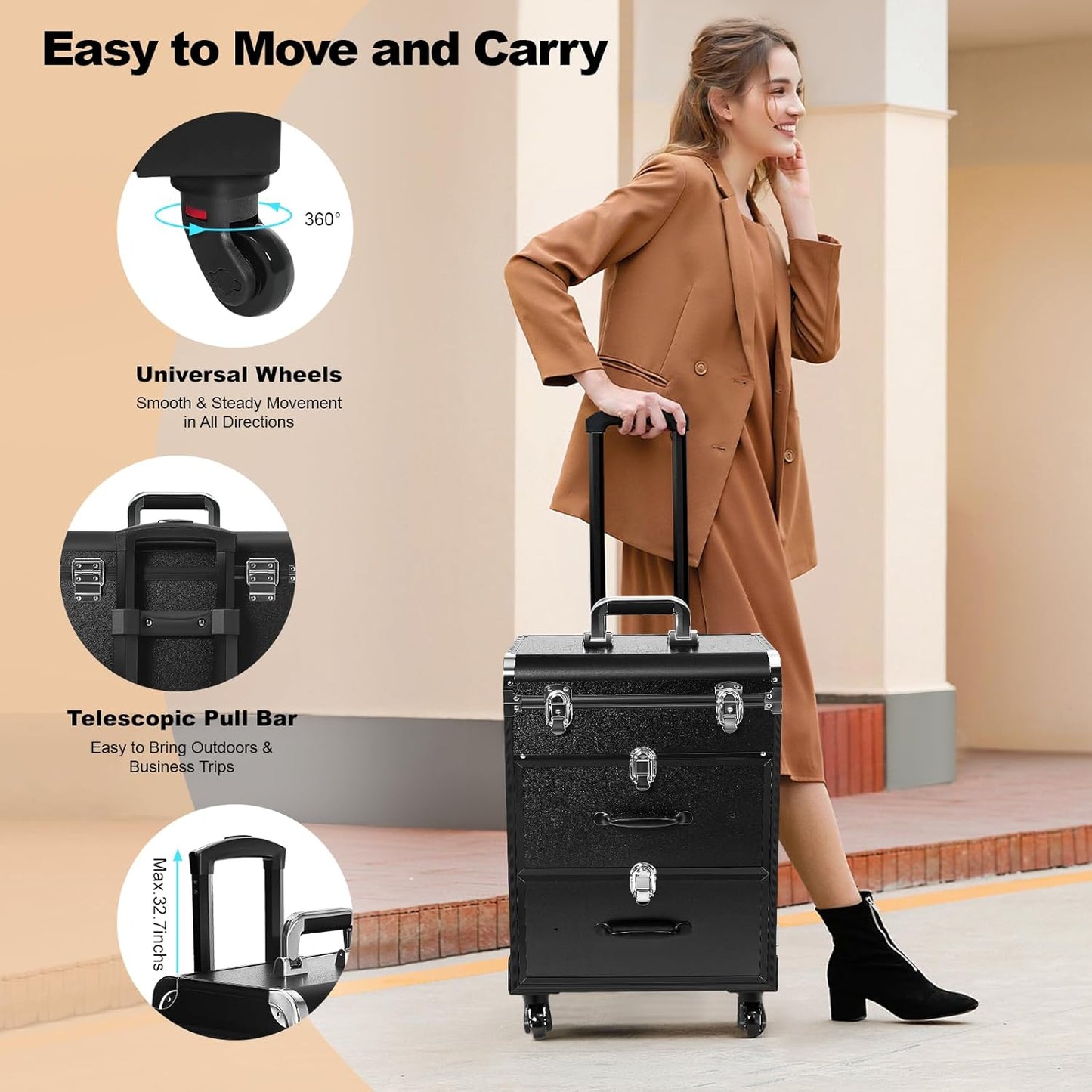 Lockable Makeup Train Case,110lbs Rolling Hairdressing Trolley,Beauty Salon Cosmetic Luggage with Universal Wheels for Hair Stylist,Make-up Artists,Hairdressers (Black 5)