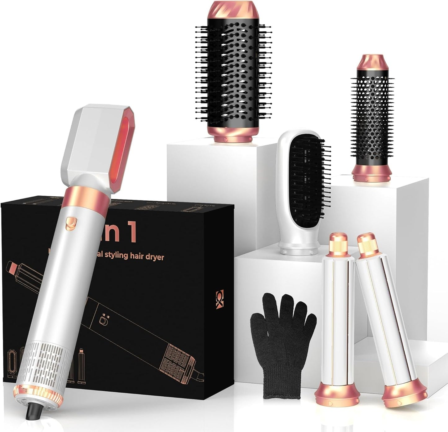 6 in ONE Hair Dryer Brush, Blow Dryer Curling Wand Hair Styling Tools Set, Ionic Hot Air Massage Oval Blowout Hair Dryer, Left&Right Hair Styler
