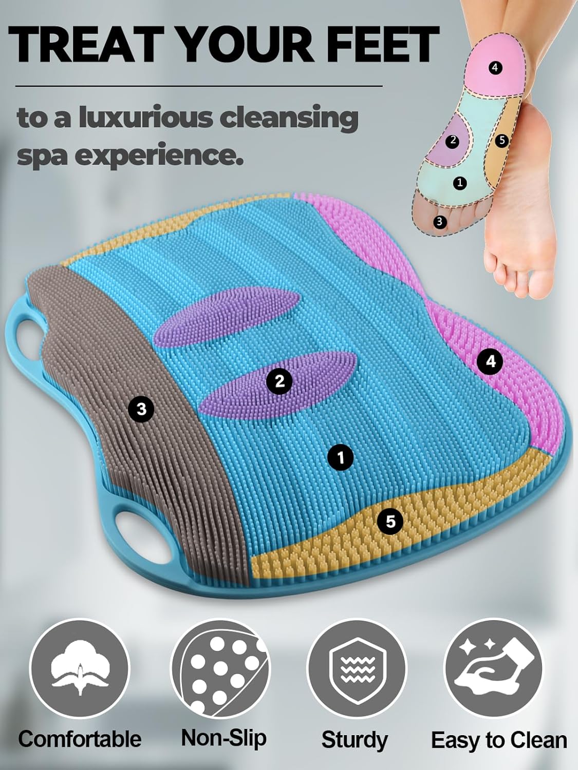 Kalolary Silicone Shower Foot Scrubber Mat, Large Foot Scrubber in Shower with Non Slip Suction Cups Foot Cleaner Brush to Clean Exfoliate and Massage Feet Without Bending Over Easy to Clean (Blue)