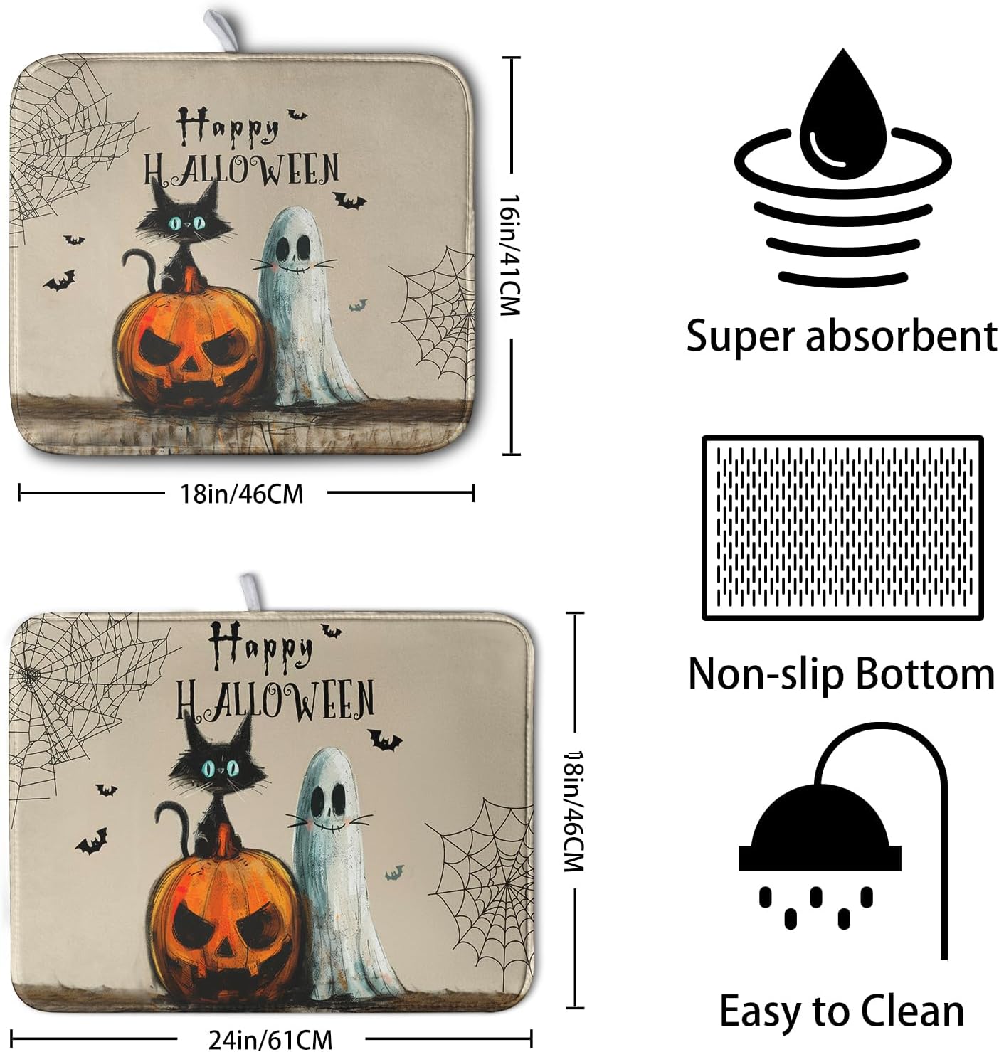 Happy Halloween Dish Drying Mat for Dishs 16x18 Inch Halloween Pumpkin Ghost Black Cat Kitchen Drying Mat Spooky Spiderweb Holiday Dish Drainer Mat Super Absorbent Dish Rack Pad for Coffee Bar Sinks