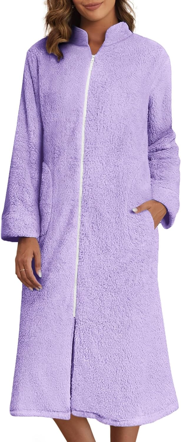 Ekouaer Women's Zip Up Robe Fleece Bathrobe Long Zipper Lounger Warm Housecoat Long Sleeve Nightgown with Pockets S-XXL