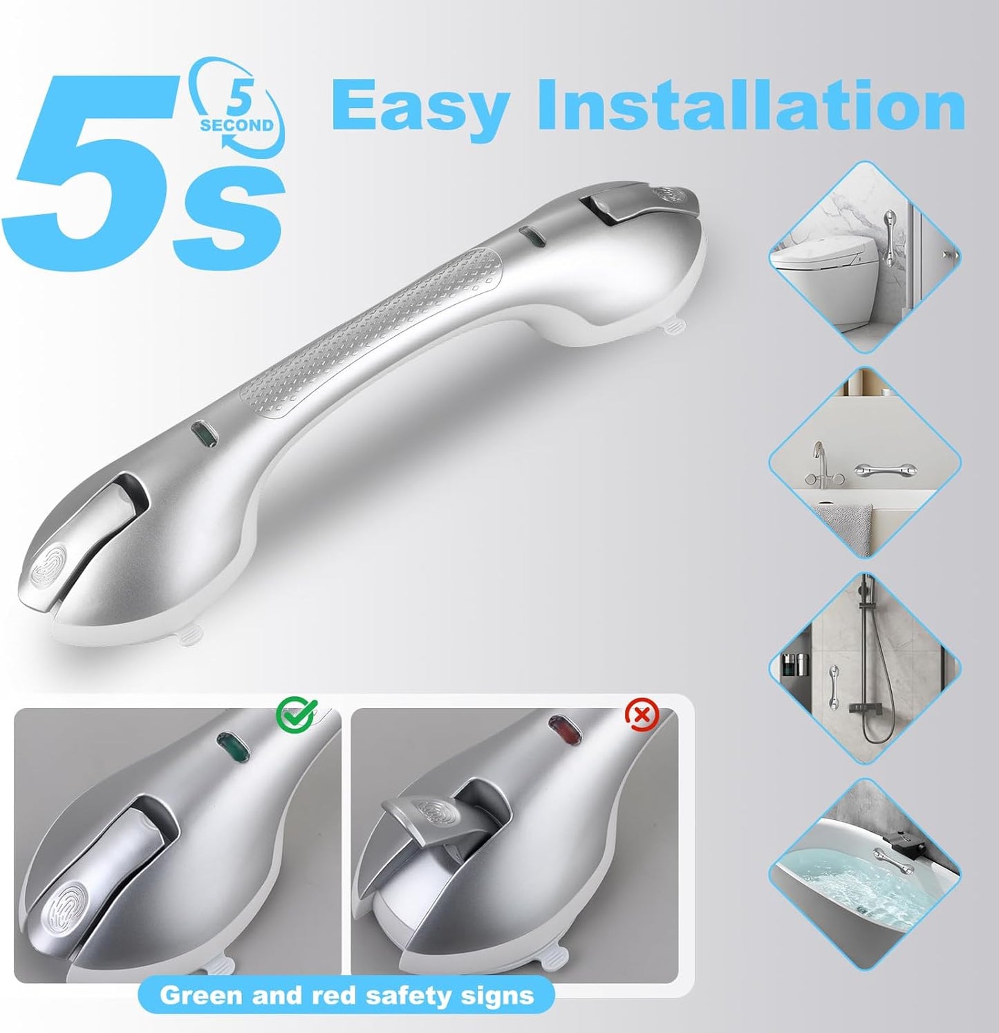 Suction Grab Bars for Bathtubs and Showers, Heavy Duty Shower Handle Removable Shower Handrails for Kids, Bathroom Safety Grip Waterproof(Silver)