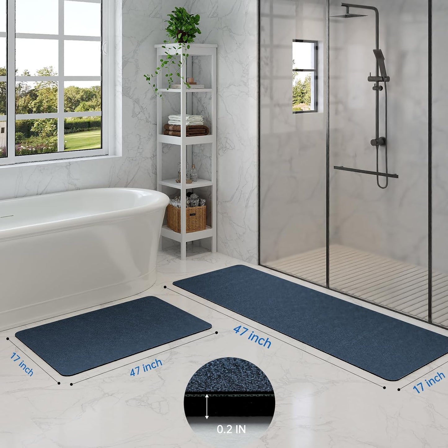 Bathroom Rugs Sets 2 Piece - Quick Dry Super Absorbent Bath Mats for Bathroom Diatomaceous Earth Bath Rugs with Rubber Backing Non-Slip Bath Mat Rug for Shower Floor, 47x17 + 24x17, Navy Blue