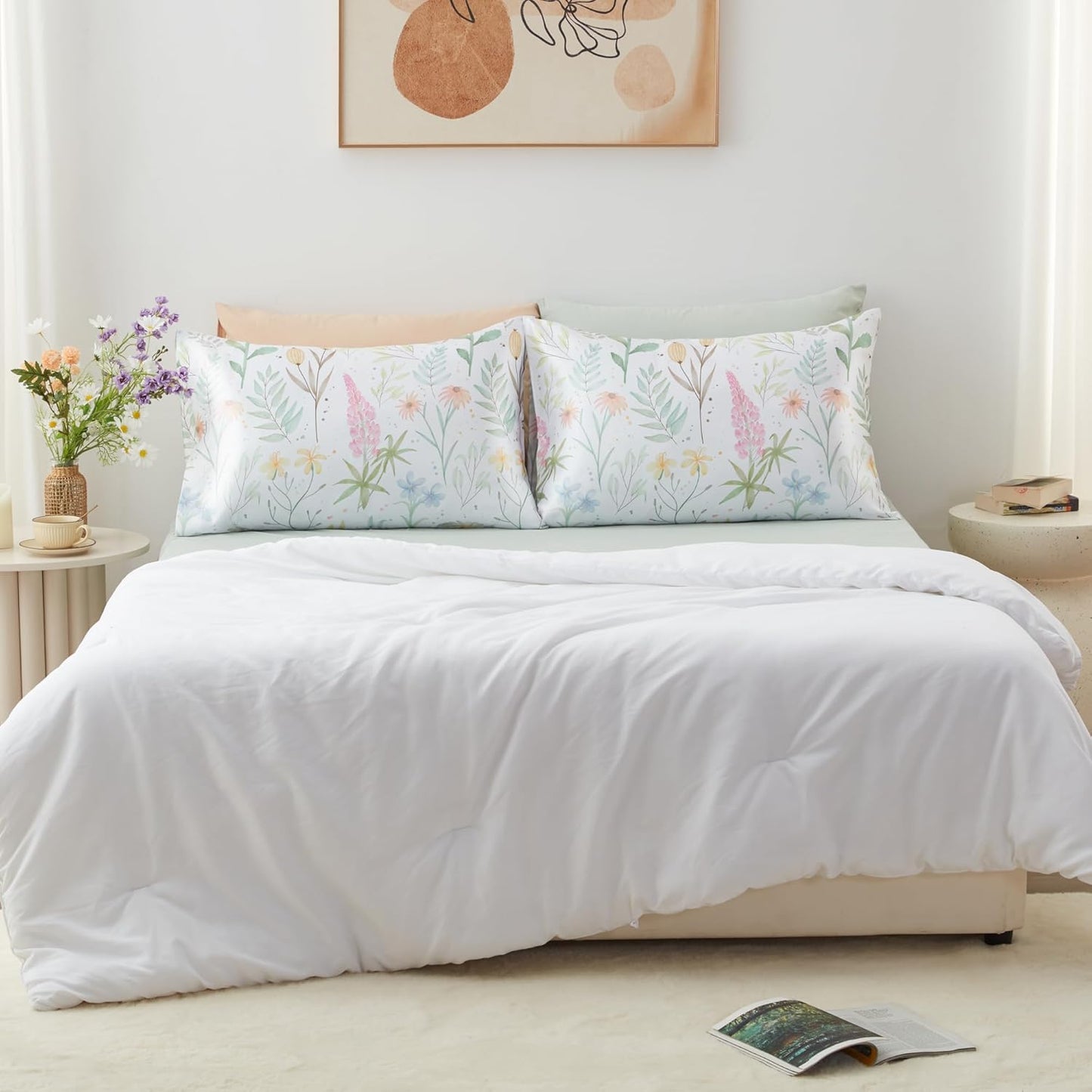 EXQ Home Satin Pillowcase for Hair and Skin- Multicolor Printed Flower Silk Pillowcase 2 Pack 20x26 inches - Standard Size Pillow Cases with Envelope Closure, Gifts for Women