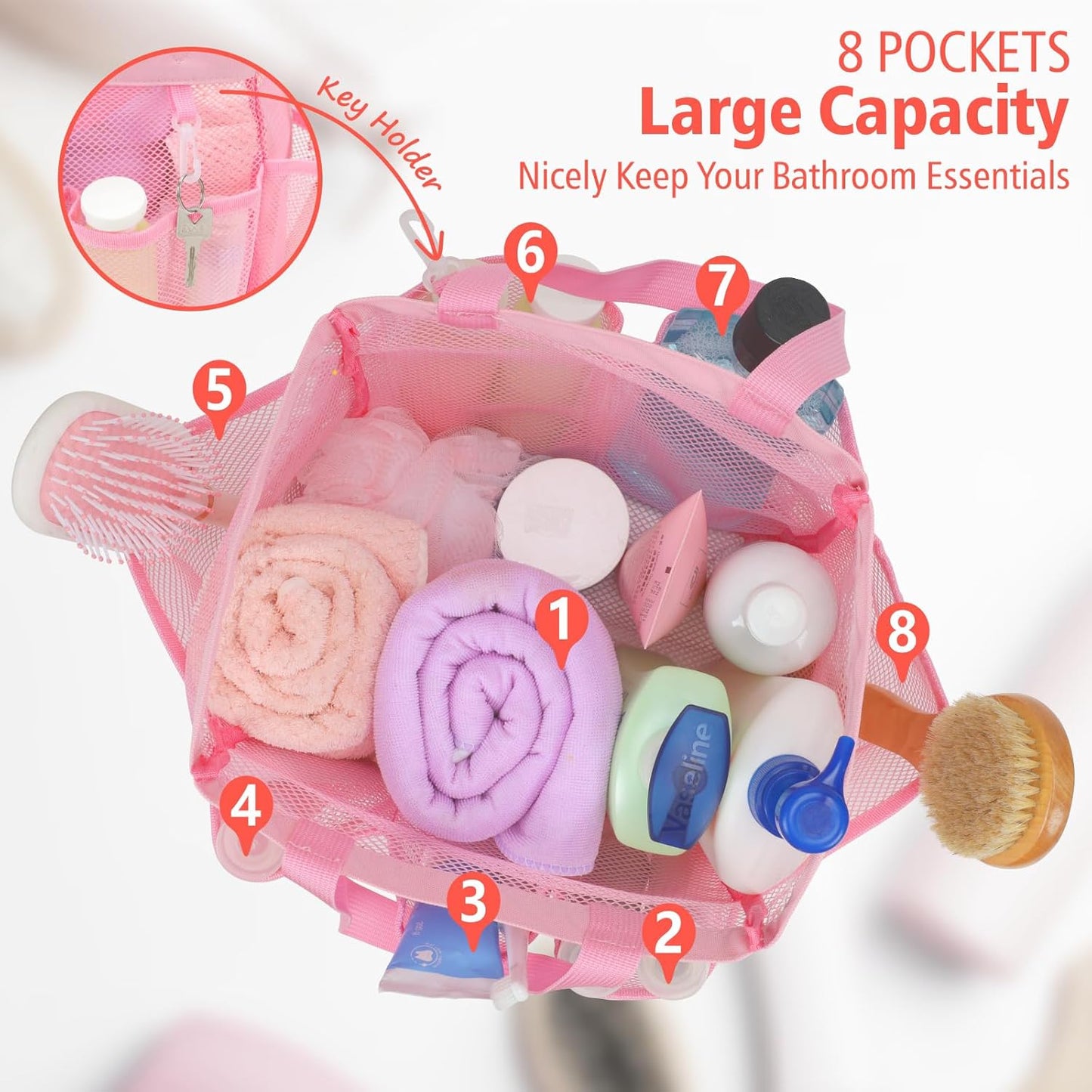 F-color Mesh Shower Caddy Portable, Upgrade Deeper 7 Pockets Shower Bag Basket Tote for College Dorm Room Toiletry Bathroom Essentials Gym Camp Quick Dry 2 handles with S Hook, Pink