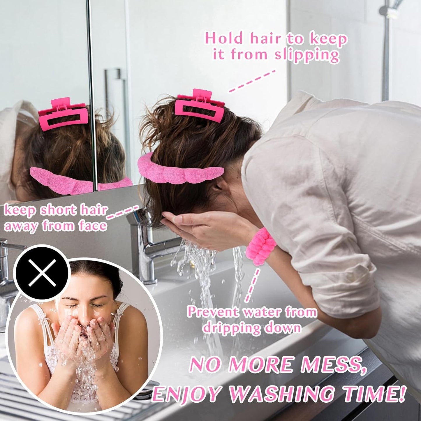 Wecoe Spa Headband And Wristband Set Valentines' Day Skincare Headband for Washing Face Hot Pink Puffy Sponge Makeup Bubble Head Band Hair Claw Clips Wrist Towels Scrunchies for Women Girls