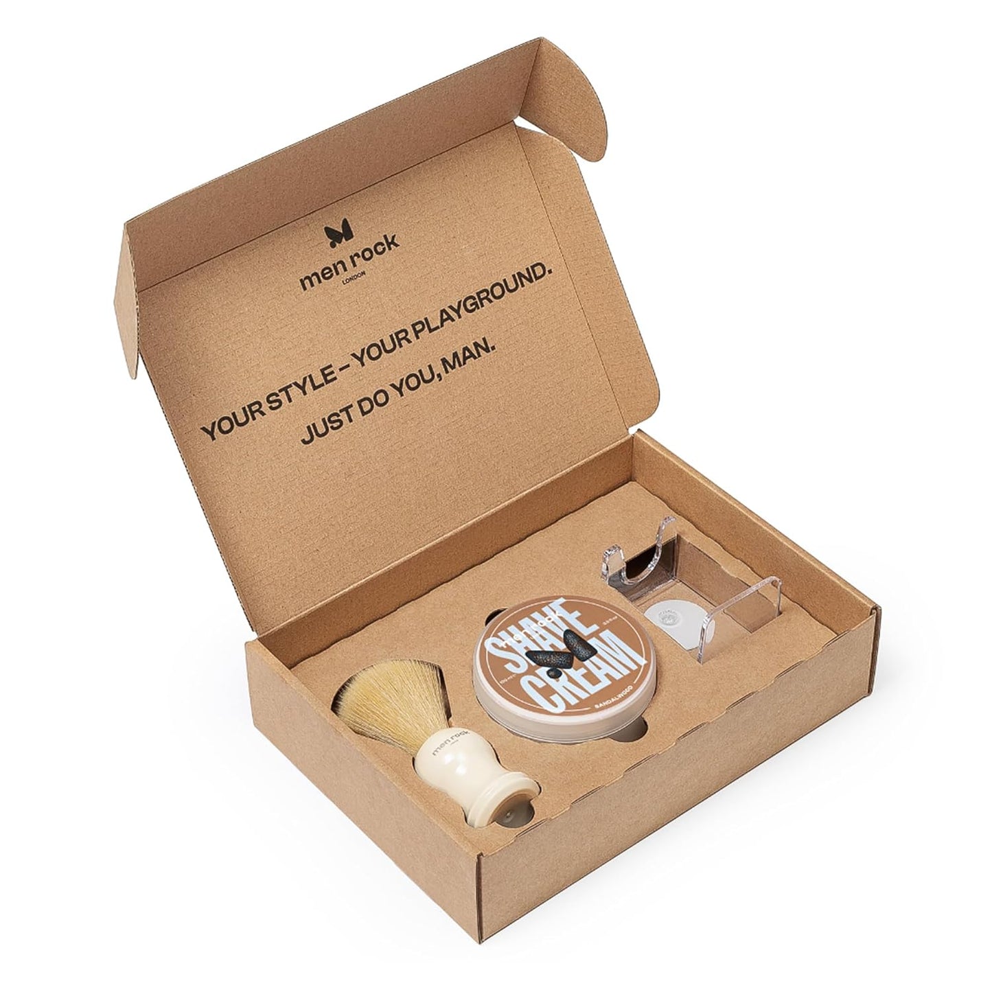 Men Rock The Life Shaver Essential Shaving Kit - Sandalwood - Beard Care Kit for Men - Shaving Cream, Synthetic Brush - Mens Face Care - 3 Pc