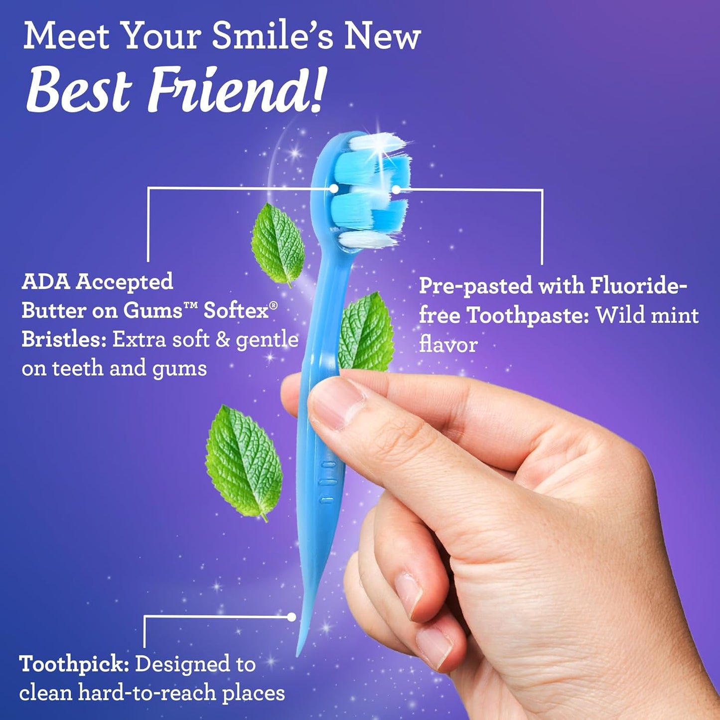 GuruNanda Ready-to-Go Disposable Mini Travel Toothbrushes - Butter on Gums Softex Bristles, Pre-Pasted Toothbrush & Toothpick - Fluoride-Free, No Rinsing Needed, 70 Ct