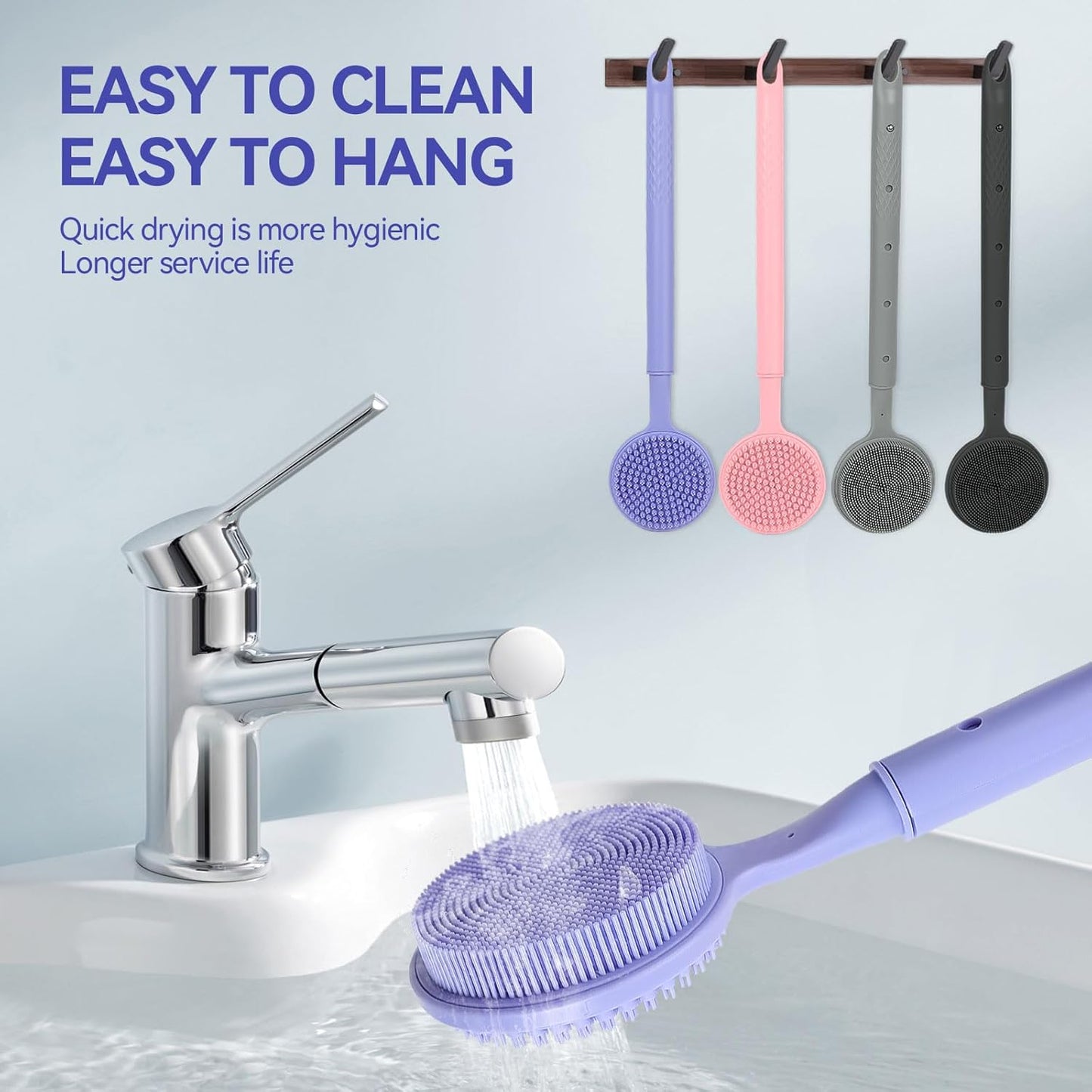 Back Scrubber for Shower, (16-24 Inch) Extendable Bath Brush Long Handle for Shower, Silicone Body Scrubber with Handle, Back Brush for Shower Men and Women,Easy to Clean (Purple)