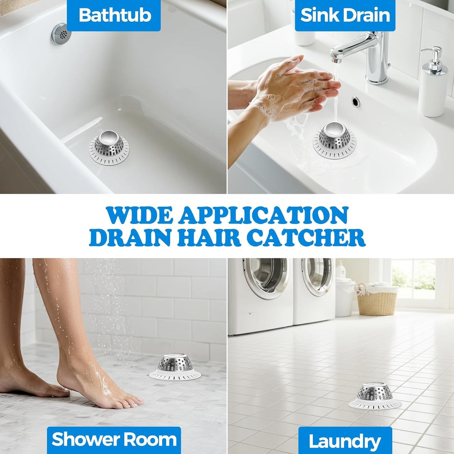 zaa Drain Hair Catcher - Bathtub Drain Cover, Hair Stopper for Bathtub Drain, 304 Stainless Steel Drain Protector and Hair Trap for Flat & Pop-up Drains, Silver White