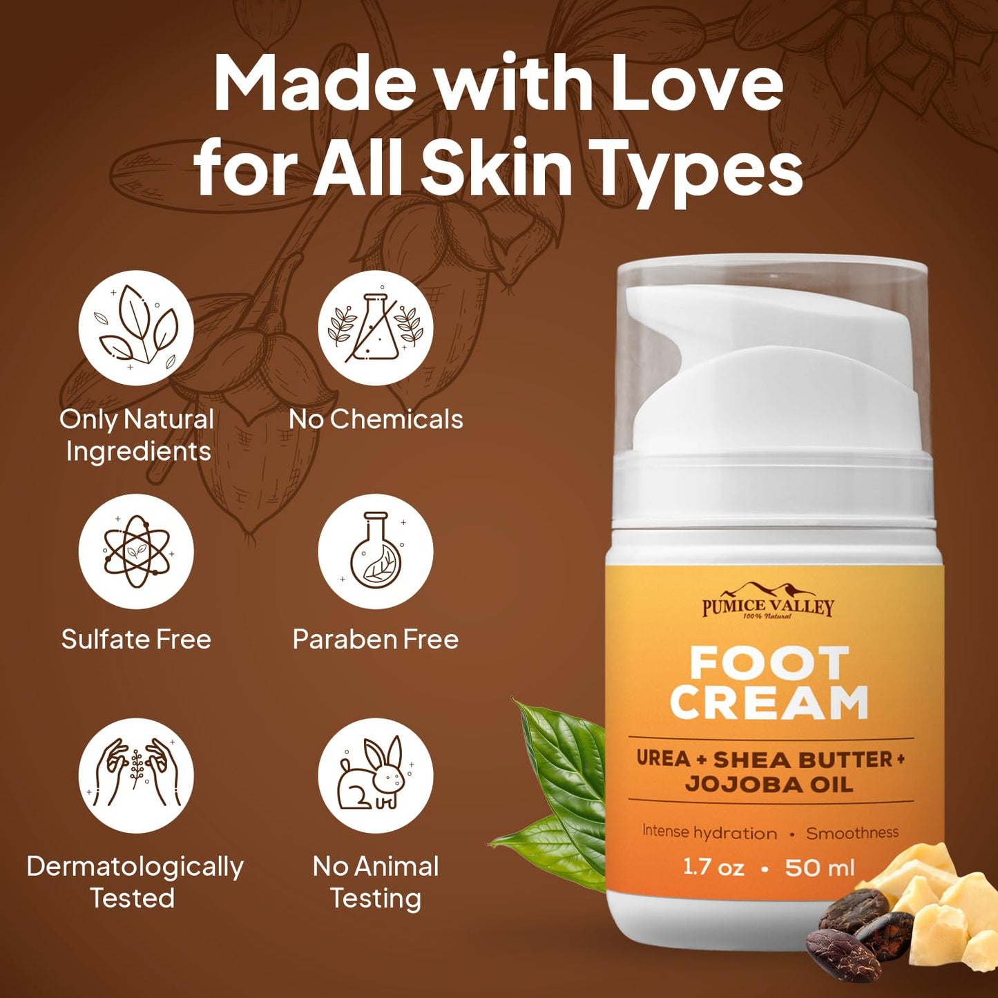 Pumice Valley Foot Cream for Dry Cracked Feet and Heels - Natural Moisturizer, Corn, Calluses Treatment - Skin, Body Lotion, Urea, Shea Butter, Jojoba Oil, Vitamin E 1.7 Oz