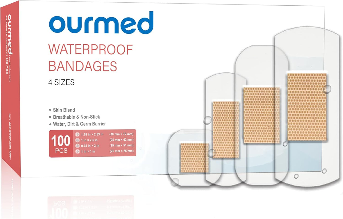 Waterproof Bandages, Clear Adhesive Bandages for First-Aid, Wound Care, Fingers, Knees and Heels, Stays on Skin in The Bath, Shower or Pool, Assorted Sizes, 100 Count