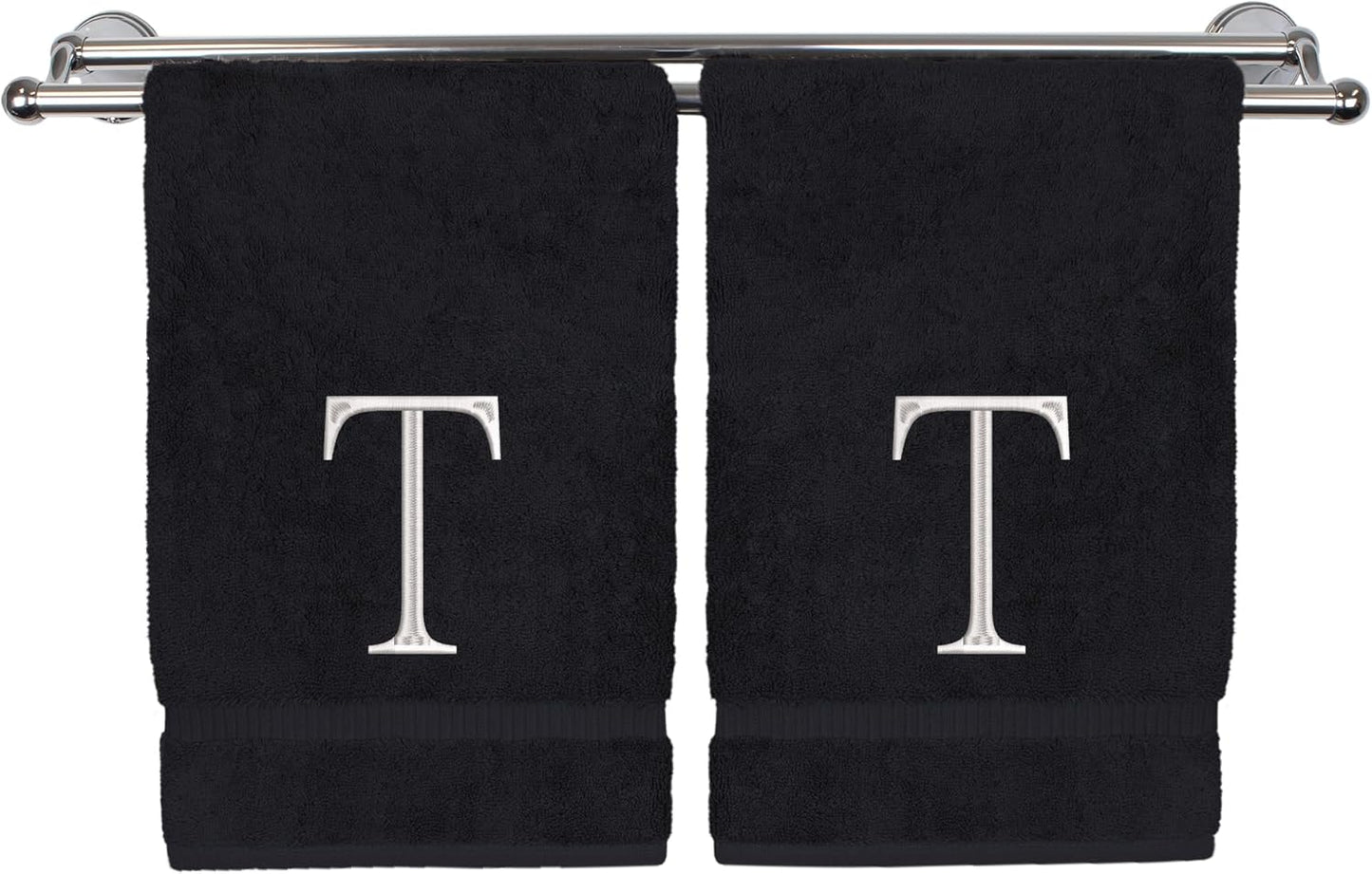 Monogrammed Hand Towel, Personalized Initial Gift, Extra Absorbent 100% Turkish Cotton - Soft Terry Finish - Set of 2 - White Block Initial T - Embroidered on Black Towels