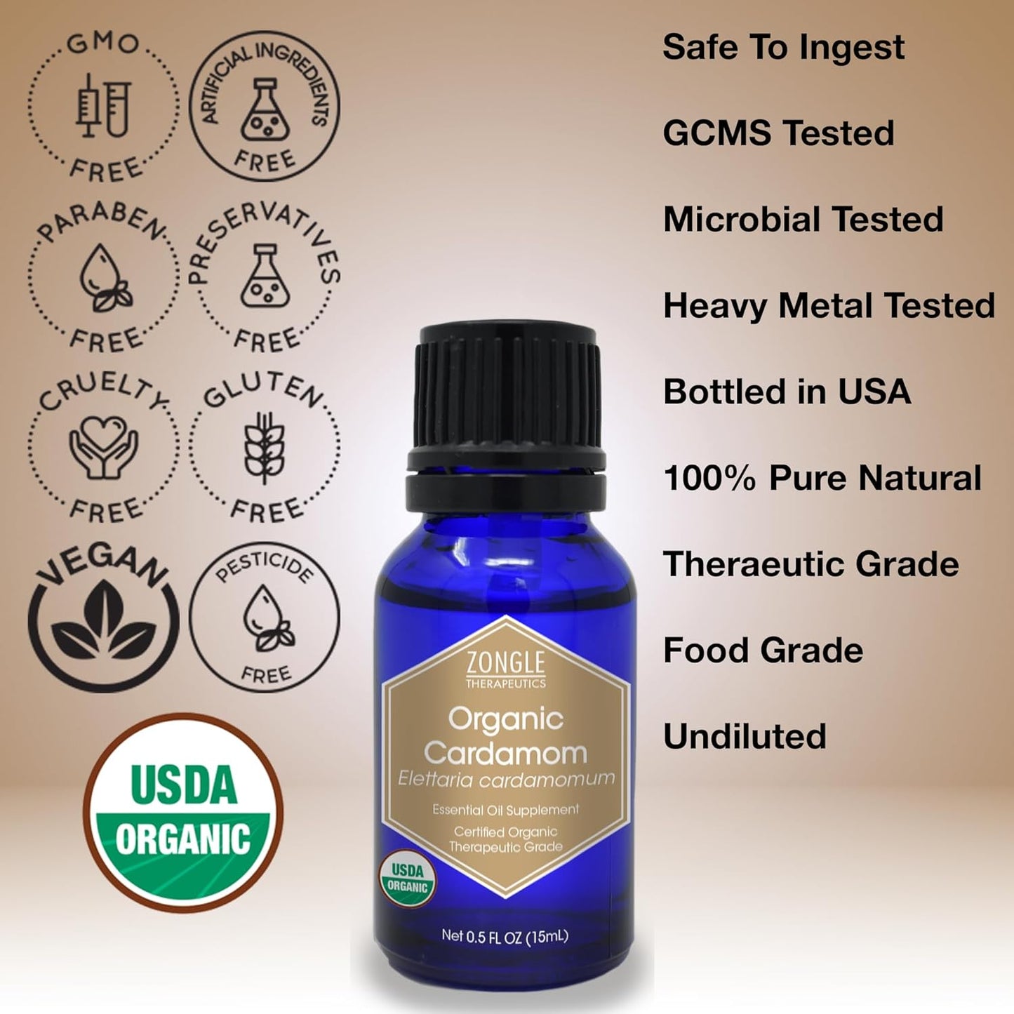 Organic, Cardamom Essential Oil, Food Grade – 100% Pure, Cardamom Oil, by Zongle Therapeutics, 15 ML