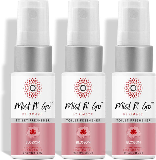 Mist N’ Go by Omaze Travel Bathroom Spray for Toilet Spray Odor Eliminator - Travel Toilet Spray for Bathroom Air Freshener Spray for Bathroom Deodorizer - Blossom Travel Size (1oz x3)