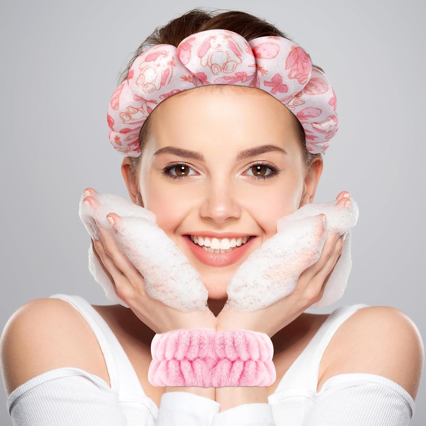 Zkptops Spa Headband for Washing Face Wristband Set Sponge Makeup Skincare Velvet Fabric Bubble Soft Get Ready Hairbands for Women Puffy Headwear Non Slip Thick Thin Hair Accessory(Pink Bow)