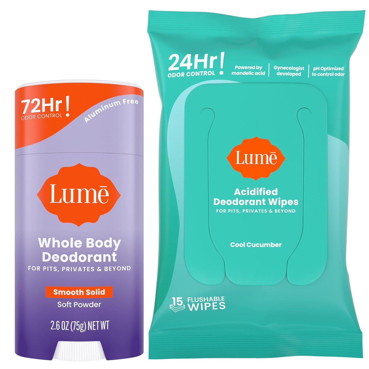 Lume Whole Body Deodorant - Smooth Solid Stick & Flushable Deodorant Wipes - Doctor Developed - Aluminum Free, Baking Soda Free, Skin Loving - 2.6 Ounce (Soft Powder) 15 Count Wipes (Cool Cucumber)