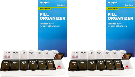 Amazon Basic Care (7-Day) AM/PM Pill Organizer, Vitamin Case, and Medicine Box, Large Compartments, 2 Times a Day, Black and Clear Lids (Pack of 2)