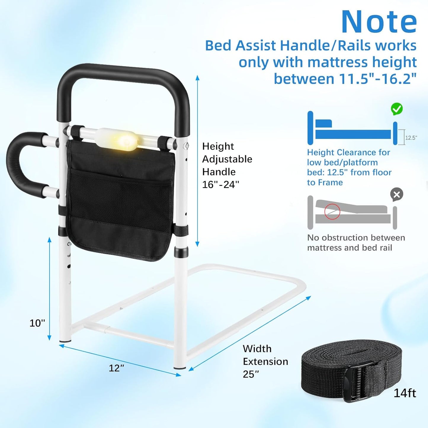 Bed Rails for Elderly Adults Safety, Adjustable Bed Rail with LED Motion Sensor Light, Bed Handle Bedside Assist for Grab Bar with Storage Pouch, Bed Side Rails Fits Twin Full Queen King Grey