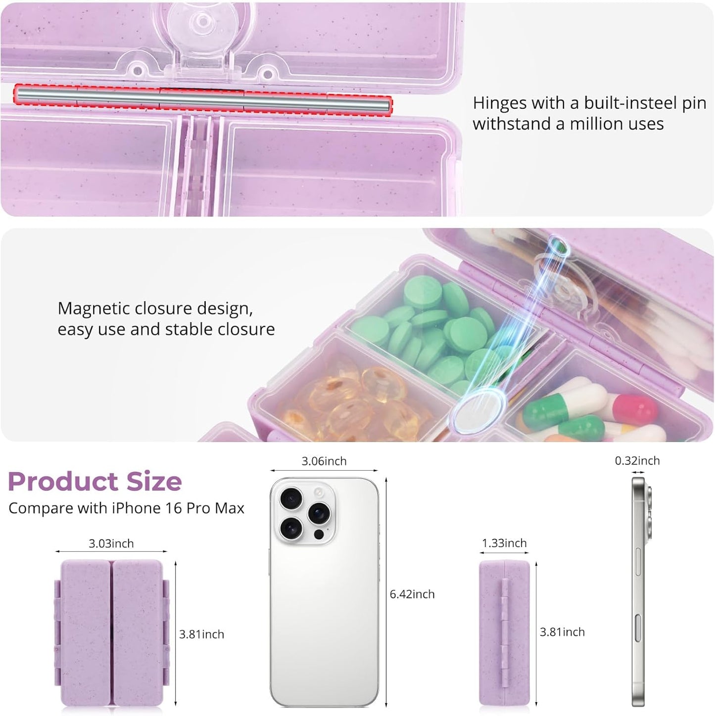 Zentiky Small Daily Pill Organizer with Labels, Medicine Pill Organizer Fit with Your Purse or Pocket for Travel to Hold Vitamin, Fish Oil, Supplement,Cotton Swabs, Bandages or Jewelry-Purple