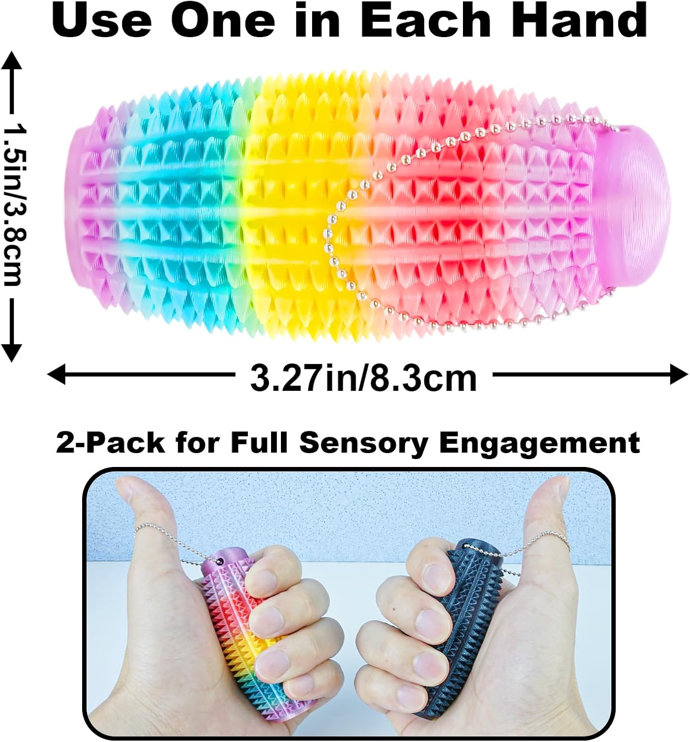 2 Pack Pain Stim Fidget Roller for Adults and Teens Spiky Sensory Hand Toy for Stress and Anxiety Relief, 3D Printed Discreet Keychain Fidget for Focus and Tactile Engagement(Black+Rainbow)