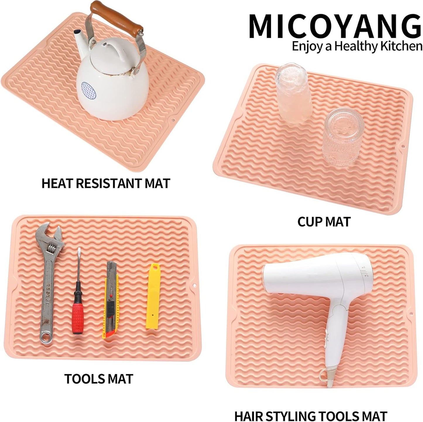 Silicone Dish Drying Mat for Multiple Usage,Easy clean,Eco-friendly,Heat-resistant Silicone Mat for Kitchen Counter or Sink,Refrigerator or drawer liner Pink L 16 inches x 12 inches