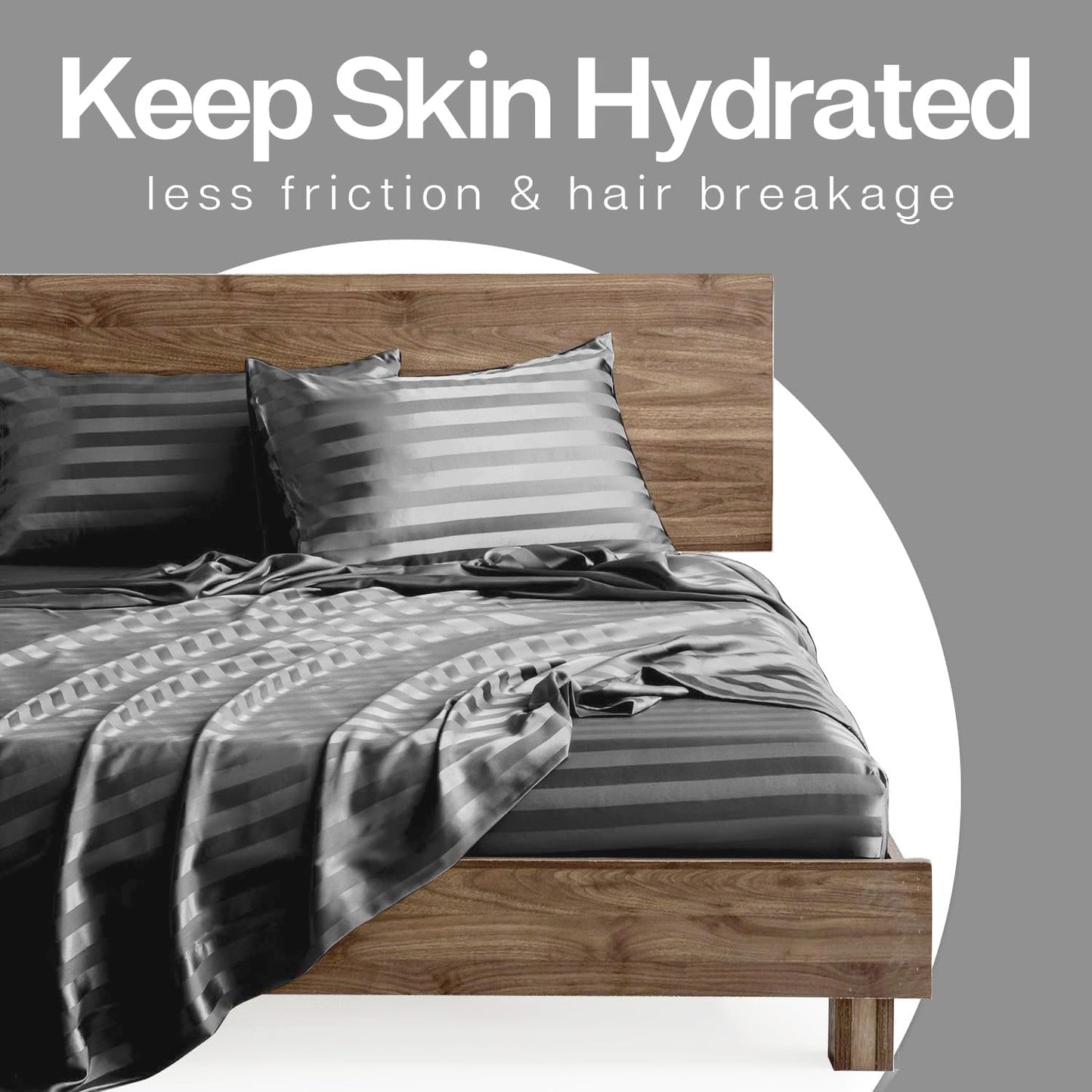 MR&HM Satin Pillowcase for Hair and Skin, Silk Satin Pillowcase 2 Pack, Queen Size Pillow Cases Set of 2, Silky Pillow Cover with Envelope Closure (20x30, Dark Grey Striped)