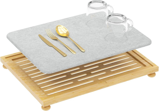 Golener Stone Drying Mat for Kitchen Counter, Dish Drying Pad with Bamboo Rack, Super Absorbent Diatomaceous Earth and Drying Rack, Multi-purpose Quick Drying Mat Rack for Kitchen, 16”x12”, Dark Grey