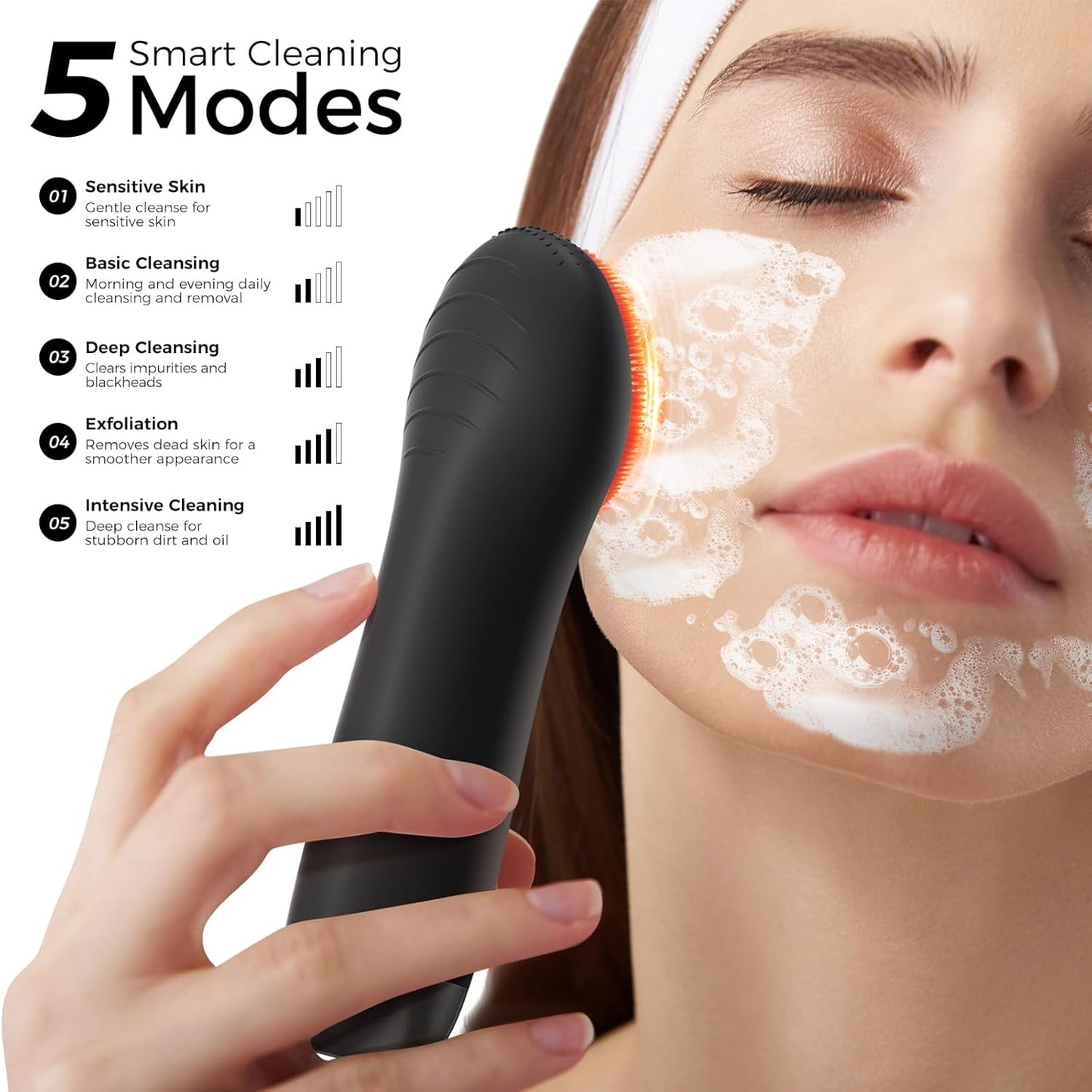 Facial Cleansing Brush Face Scrubber - Rechargeable Electric Face Cleansing Brush with 4 LED Gentle Light Liquid Silicone Modes Exfoliator,IPX7 Waterproof Ideal Gift for Men and Women-Black