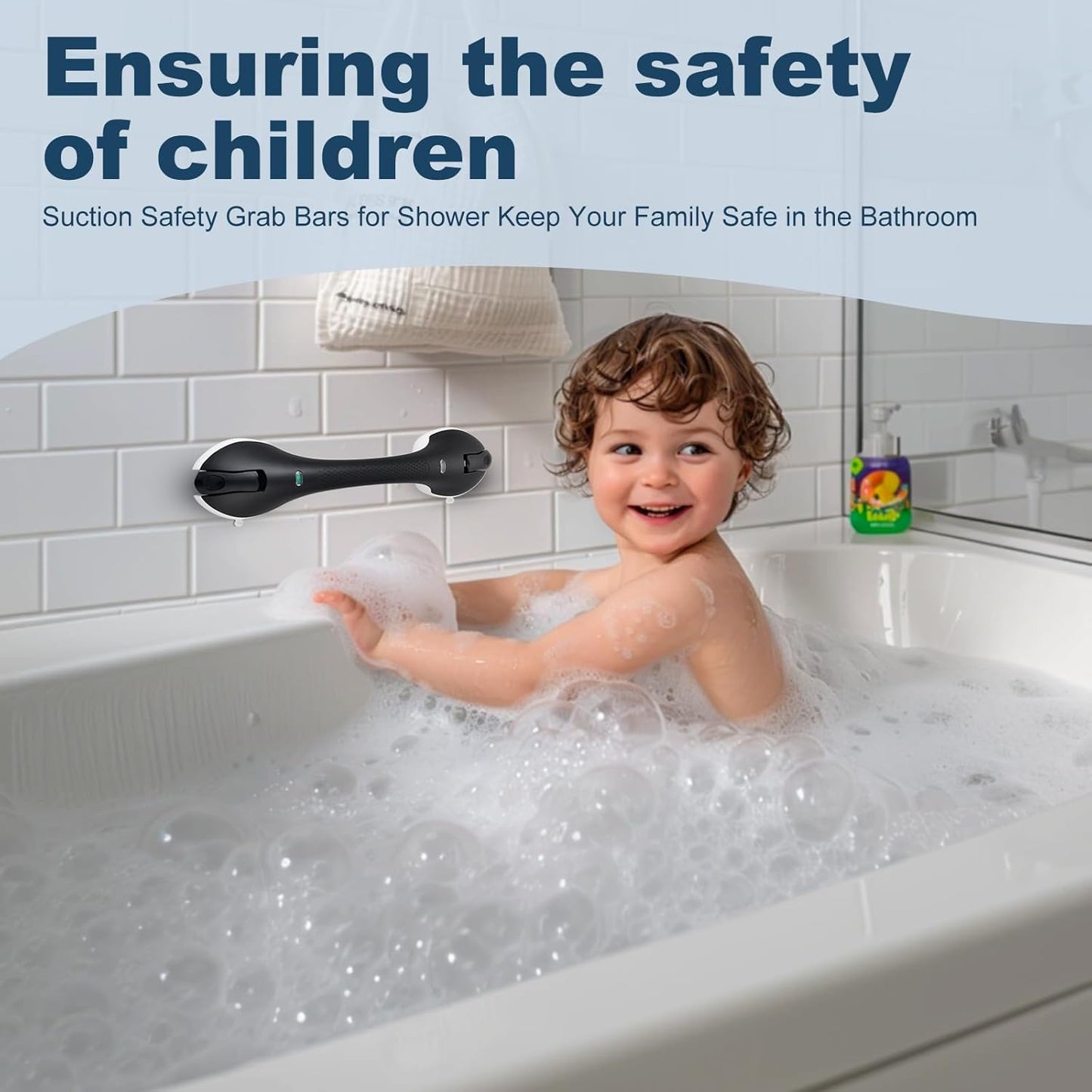 Shower Grab Bar 2 PCS Suction Grab Bars for Bathtubs and Showers, Shower Handle Removable Shower Handrails for Kids, Bathroom Safety Grip Waterproof(Black)