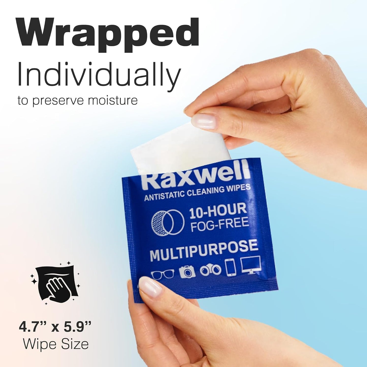 Raxwell Anti Fog Lens Wipes for Eyeglasses - 100 Count Unscented Individually Wrapped Sachets - Glasses Cleaner & Screen Wipes Safe on Coated Lenses - Streak-Free